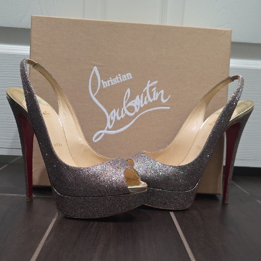 Christian Louboutin Silver Stiletto Peep-Toe Heels